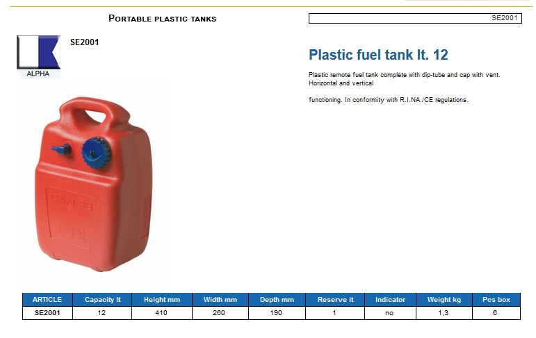 Plastic fuel tank lt. 12 - (CAN SB) Code SE2001 6