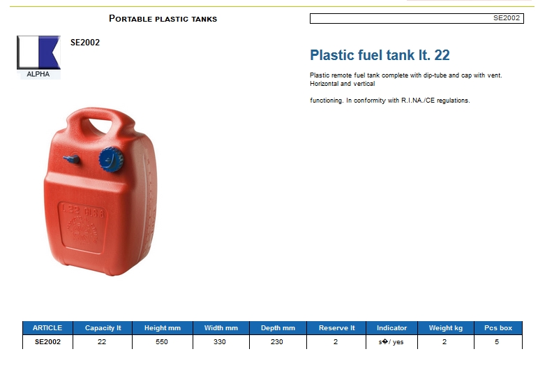 Plastic fuel tank lt. 22 - (CAN SB) Code SE2002 14