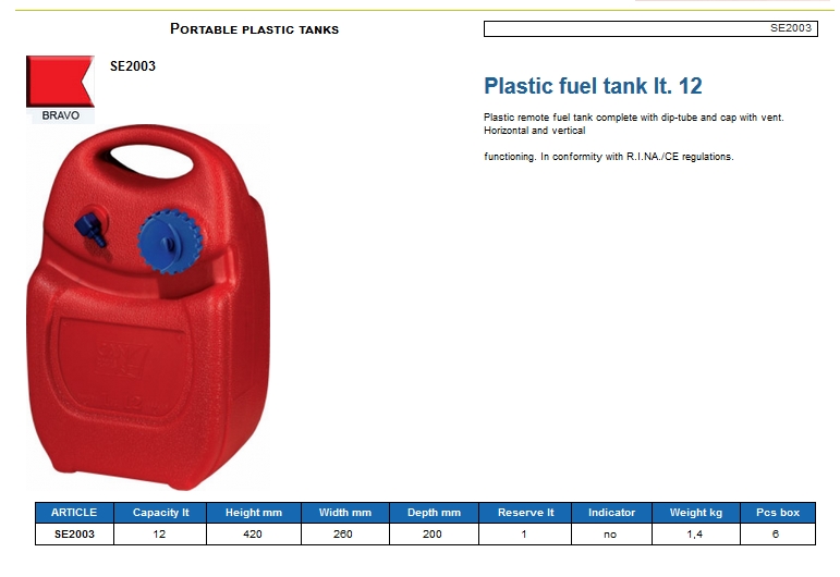 Plastic fuel tank lt. 12 - (CAN SB) Code SE2003 6