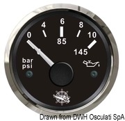 Wskaźnik ciśnienia oleju 0-10 bar Tarcza czarna, ramka polerowana 12|24 Volt - Kod. 27.321.11 27