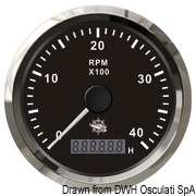 Uniwersalny licznik obrotów wraz z licznikiem godzin 0-6000 RPM Tarcza czarna, ramka polerowana 12|24 Volt - Kod. 27.326.03 15